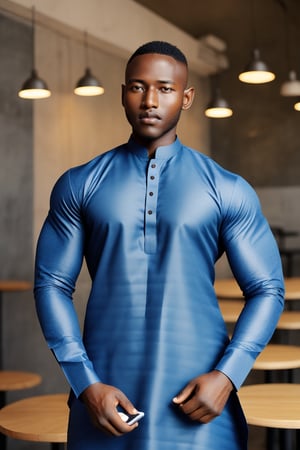 African Model man, flexing in a cafe, using smartphone, (wearing kurta) , makret ,perfect eyes,perfect face,beautiful eyes, dark 
  skin tone, 8K quality, higher resolution, (beautiful),cinematic,warm, syahnk, big muscles,handsome men