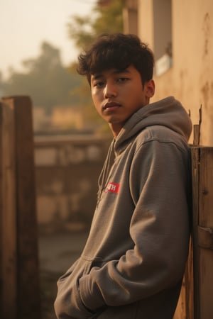 A tenderly lit, warm-toned snapshot of Syahnk, a captivating young boy with an effortless charm. He's posed casually, donning a cozy hoodie that accentuates his lean physique, as he leans against a rustic wooden fence or a worn stone wall in the soft glow of late afternoon sunlight.