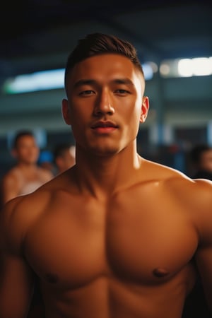 Soft focus on Syahnk's chiseled features as he confidently poses on the Muay Thai stage, warm lighting accentuating his dark eyes and defined physique. Shallow depth of field blurs enthusiastic fans in the background, highlighting his 20-pack abs and smooth skin. A dreamy bokeh captures intimate atmosphere, while hyper-realistic rendering brings intricate facial features, prominent pectorals, and sun-kissed skin to life under the roof's soft glow.