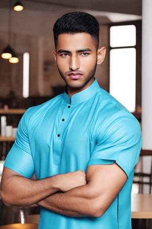 Arab Model man, flexing in a cafe, using smartphone, (wearing kurta) , makret ,perfect eyes,perfect face,beautiful eyes, dark 
  skin tone, 8K quality, higher resolution, (beautiful),cinematic,warm, syahnk, big muscles,handsome men