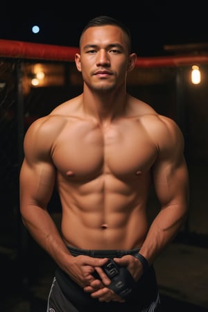 Soft focus on Syahnk's chiseled features as he confidently poses on the UFC stage, warm lighting accentuating his dark eyes and defined physique. Shallow depth of field blurs enthusiastic fans in the background, highlighting his 20-pack abs and smooth skin. A dreamy bokeh captures intimate atmosphere, while hyper-realistic rendering brings intricate facial features, prominent pectorals, and sun-kissed skin to life under the roof's soft glow.