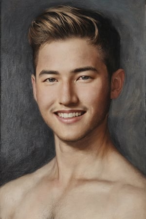 Oil portrait in the style of Leonardo Davinci, impressionism. Full body of Young sexy blonde Russian man, 25 yo, super muscular, sexy handsome man, smile, short hair haircut, brown eyes. Super detailed, high quality,SYAHNK,Male focus