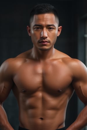 A hyper-detailed 8k image of Syahnk as a muscular man with a handsome face, competing in a bodybuilding competition. The man has large, well-defined pectorals and a full, sexy body. The image is ultra-detailed, with a focus on the man's physique and the intensity of the competition. The lighting highlights his muscular form, creating a visually striking composition. Seeds: 1667390288.,male