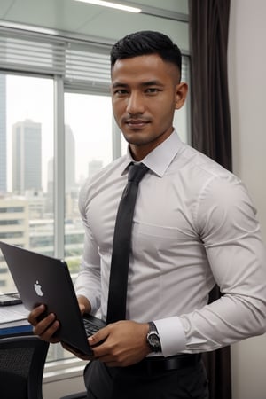 (((1man))),serious face of syahnk,1 handsome uncle,Short hair,With a short beard,slim figure,large pecs,holding laptop,Enchanted smile,mature,in a office,Crew cut, In tight black leather suit, White tie, janelas,Cityscape,full bodyesbian, 36 years old male,[plump],nijimale