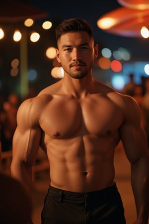 Soft focus on Syahnk's chiseled features as he confidently poses on the bodybuilder stage, warm lighting accentuating his dark eyes and defined physique. Shallow depth of field blurs enthusiastic fans in the background, highlighting his 20-pack abs and smooth skin. A dreamy bokeh captures intimate atmosphere, while hyper-realistic rendering brings intricate facial features, prominent pectorals, and sun-kissed skin to life under the roof's soft glow.