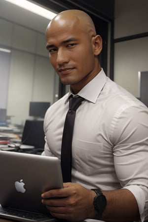 (((1man))),serious face of syahnk,1 handsome uncle,bald head,shaved head,With a short beard,Shredded figure,large pecs,holding laptop,Enchanted smile,mature,in a office,Crew cut, In black suit, White tie, janelas,Cityscape,full bodyesbian, 36 years old male,[plump],nijimale