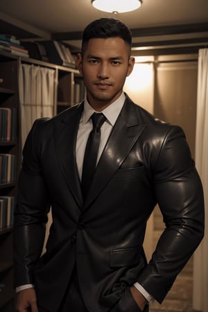 (((1man))),serious face of syahnk,1 handsome uncle,Short hair,With a short beard,shredded lean figure,large pecs,holding pecs,Enchanted smile,mature,in a basement,Crew cut,( In tight black leather suit), White tie,full body, 36 years old male,[plump],nijimale,photorealistic