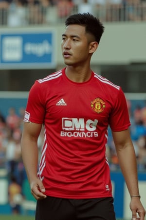 Sport wallpaper profile photo of players photography,
Syahnk as A handsome  Thai male ,  he is football athlete wearing Manchester United jersey, the shot is half body shot . He has slightly muscle Shot through Canon EF 100-400mm f/4.5 lens with Kodak Pro 400H film, emphasizing textures and depth