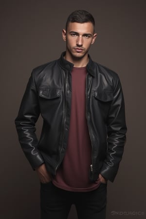 Silverjow style,Bara,Muscle ,Photogenic Russian Syahnk,looking at viewer, short hair, simple background, brown hair, shirt, black hair, jacket, male focus, multiple boys, dark skin, 2boys, lips, dark-skinned male, 3boys, realistic, hands in pockets, leather, leather jacket