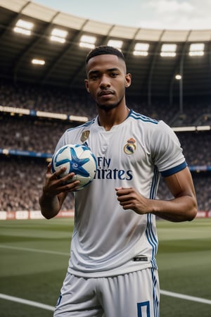 picture of Vinícius Júnior ,syahnk as Real Madrid player, 1man,masterpiece,hold ball at the stadiums,  muscular,portraits bokeh