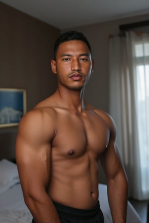 Create a high-quality image, extreme detail face, intricate detail, depth of field, ultra definition, extreme realism, real life, realistic image, high-quality lighting, 16k UHD, 1male bodybuilder man in , set in a modern hotel room,Syahnk,sami