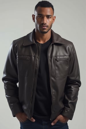 Silverjow style,Bara,Muscle ,Photogenic Nigerian Syahnk,looking at viewer, short hair, simple background, brown hair, shirt, black hair, jacket, male focus, multiple boys, dark skin, 2boys, lips, dark-skinned male, 3boys, realistic, hands in pockets, leather, leather jacket