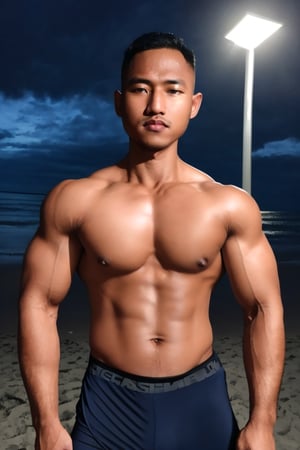 photo of a dark  Navy  model man, medium full shot, (flexing biceps curls), (Spandex tight :1.2)  night at the beach ... dramatic lighting,syahnk,Male focus,HANDSOME MAN,MACHO MAN,jaeggernawt,handsome men