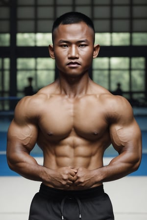 ultra realistic photography, anatomically correct, detailed eyes, detailed face, black eyes, male focus, alone,buakaw syahnk,very dark skin, dark skinned male, muscular, buzz cut, ((shirt)), smirking, fighting stance, clenched hands, park, upper body,