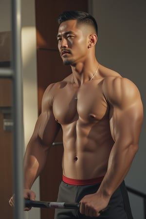 Syahnk's rugged profile is softly focused, his confident pose commanding attention as he stands tall on the sprinter. His chiseled quadriceps are prominent, a testament to the intense muscle engagement required for high-speed sprints. The warm sunlight catches his features, accentuating the defined lines of his face and powerful physique.