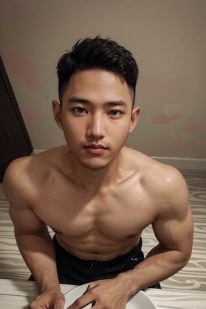 photo of a flexibg male face in front of bodybuilder,(best quality,masterpiece, highres,high quality), (finely detailed, shiny skin,lighting,distinct, distinct image, high resolution, hyper detail, perfect anatomy, perfect body,short hair,1boy), mature, (stubble), handsome, manly, hunk, nude, bare forehead, muscle, (1boy, homo, gay, :1.1),(background wall:1.1),(undertable:1.1),(from above:1.2) ,1BOY, ,Syawn, syahnk ,photorealistic,syahnk