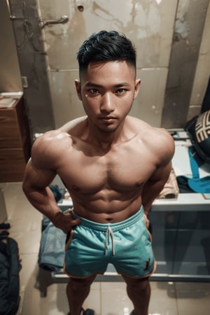 syahnkphoto of a flexibg male face in front of bodybuilder,(best quality,masterpiece, highres,high quality), (finely detailed, shiny skin,lighting,distinct, distinct image, high resolution, hyper detail, perfect anatomy, perfect body,short hair,1boy), mature, (stubble), handsome, manly, hunk, nude, bare forehead, muscle, (1boy, homo, gay, :1.1),(background wall:1.1),(undertable:1.1),(from above:1.2) ,1BOY, ,Syawn, syahnk ,photorealistic,syahnk