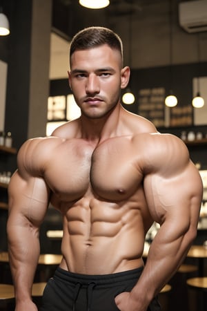 Model man, flexing in a cafe, using smartphone, business, makret ,perfect eyes,perfect face,beautiful eyes, Australian skin tone, 8K quality, higher resolution, (beautiful),cinematic,warm, syahnk, big muscles,ollie,hairy,niconawt