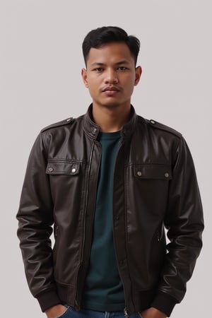 Silverjow style,Bara,Muscle ,Photogenic  Syahnk shantorus,looking at viewer, short hair, simple background, brown hair, shirt, black hair, jacket, male focus, multiple boys, dark skin, 2boys, lips, dark-skinned male, 3boys, realistic, hands in pockets, leather, leather jacket,