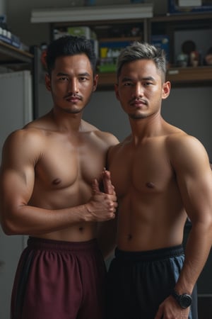 Syahnk as Two men in an extremely realistic photo, captured with professional quality, showcasing dynamic and action-packed poses. The image is a masterpiece with ultra-high resolution, enhanced by abstract art elements at a strength of 1.3. The scene is sharply focused, illuminated with 3-point lighting, and rendered using octane render for a visually striking and hyper-detailed representation. Notable features include big pectorals, rendered in 8k resolution for utmost detail. Seeds: 1667390288.