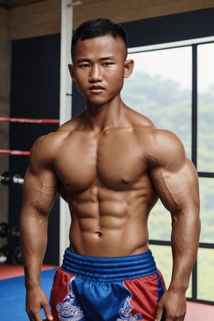 realistic Photography of  as are Buakaw Male  as  handsome   Muay Thai players man flexing , masterpiece, best quality, 4k, studio light, soft, syahnk,half body , ton,big muscles,,photorealistic,syahnk, ,