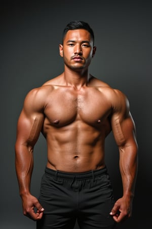 , A masterpiece portrait photograph of a  syahnk as an American  (bodybuilder man, masculine, 1960s style photo, tanned, ((bodybuilding type body)) he has gigantic muscle , flex chest at photography studio , facing camera,Xmilitaryx 