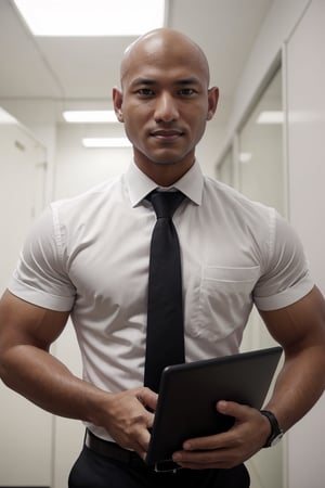 (((1man))),serious face of syahnk,1 handsome uncle,bald head,shaved head,With a short beard,Shredded figure,large pecs,holding laptop,Enchanted smile,mature,in a office,Crew cut, In black suit, White tie, janelas,Cityscape,full bodyesbian, 36 years old male,[plump],