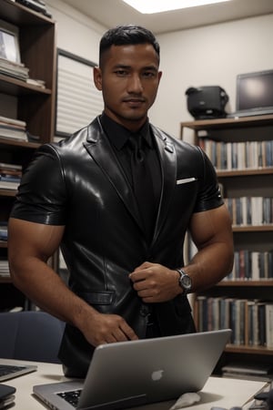 (((1man))),serious face of syahnk,1 handsome uncle,Short hair,With a short beard,bodybuilder figure,large pecs,holding laptop,Enchanted smile,mature,in a basement,Crew cut, In tight black leather suit, White tie, janelas,Cityscape,full bodyesbian, 36 years old male,[plump],nijimale