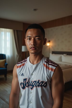 Create a high-quality image, extreme detail face, intricate detail, depth of field, ultra definition, extreme realism, real life, realistic image, high-quality lighting, 16k UHD, 1male muscular man in , set in a modern hotel room,Syahnk,sami wearing baseball suit