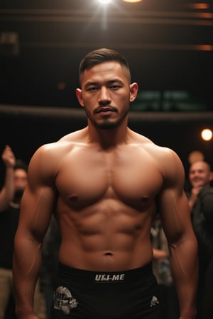 Soft focus on Syahnk's chiseled features as he confidently poses on the UFC stage, warm lighting accentuating his dark eyes and defined physique. Shallow depth of field blurs enthusiastic fans in the background, highlighting his 20-pack abs and smooth skin. A dreamy bokeh captures intimate atmosphere, while hyper-realistic rendering brings intricate facial features, prominent pectorals, and sun-kissed skin to life under the roof's soft glow.