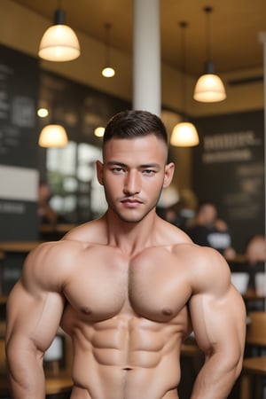 Model man, flexing in a cafe, using smartphone, business, makret ,perfect eyes,perfect face,beautiful eyes, Australian skin tone, 8K quality, higher resolution, (beautiful),cinematic,warm, syahnk, big muscles,ollie,hairy,niconawt