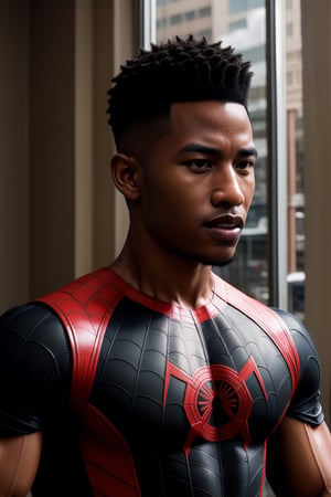 , masterpiece, high quality, highres, portrait photo of  syahnk,Miles_morales as muscular businesses man, tall male,  , handsome, matured, businesses suit, bulging muscle, fade Hairstyles ,