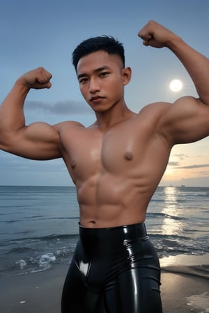 photo of a dark  Navy  model man, medium full shot, (flexing biceps curls), (latex tight :1.2)  night at the beach ... dramatic lighting,buakaw banchamek,syahnk,Male focus,HANDSOME MAN,MACHO MAN,jaeggernawt,handsome men,Muscle