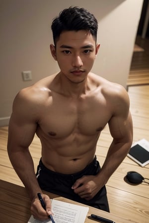 photo of a flexibg male face in front of bodybuilder,(best quality,masterpiece, highres,high quality), (finely detailed, shiny skin,lighting,distinct, distinct image, high resolution, hyper detail, perfect anatomy, perfect body,short hair,1boy), mature, (stubble), handsome, manly, hunk, nude, bare forehead, muscle, (1boy, homo, gay, :1.1),(background wall:1.1),(undertable:1.1),(from above:1.2) ,1BOY, ,Syawn, syahnk ,photorealistic,syahnk