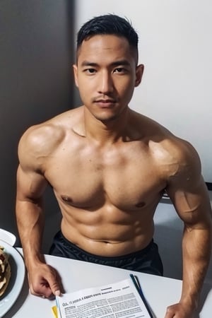 photo of a flexibg male face in front of bodybuilder,(best quality,masterpiece, highres,high quality), (finely detailed, shiny skin,lighting,distinct, distinct image, high resolution, hyper detail, perfect anatomy, perfect body,short hair,1boy), mature, (stubble), handsome, manly, hunk, nude, bare forehead, muscle, (1boy, homo, gay, :1.1),(background wall:1.1),(undertable:1.1),(from above:1.2) ,1BOY, ,Syawn, syahnk ,photorealistic