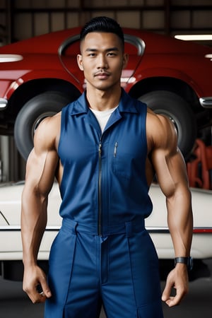 professional photo of Syanziro , In the style of (norman rockwell), 1950s gasstation, muscular mechanic , jumpsuit ,photorealistic,army hairstyles, dark skinned male,sweating_profusely, workout