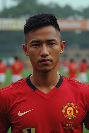 Sport wallpaper profile photo of players photography,
Syahnk as A handsome  Thai male ,  he is football athlete wearing Manchester United jersey, the shot is half body shot . He has slightly muscle Shot through Canon EF 100-400mm f/4.5 lens with Kodak Pro 400H film, emphasizing textures and depth