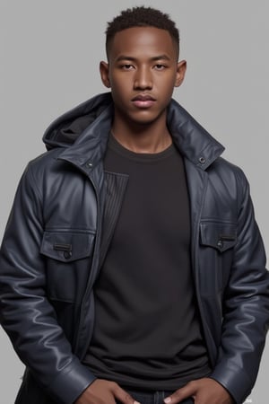 Silverjow style,Bara,Muscle ,Photogenic Nigerian Syahnk,looking at viewer, short hair, simple background, brown hair, shirt, black hair, jacket, male focus, multiple boys, dark skin, 2boys, lips, dark-skinned male, 3boys, realistic, hands in pockets, leather, leather jacket