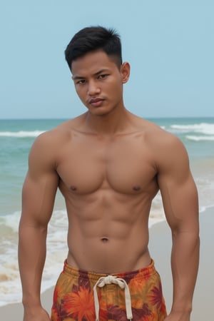 A Silverjow-inspired portrait of a chiseled bara shantorus Syahnk young man, showcasing his toned physique. The shot frames him from the waist up, highlighting his defined abs and broad chest. He stands confidently on the sun-kissed beach, his short hair ruffled by the ocean breeze. His bright pupils seem to sparkle with a hint of mischief, as he flexes his impressive muscles. The raw, unfiltered lighting accentuates his tanned and oily skin, giving him a rugged, athletic appearance. The composition is simple yet effective, drawing the viewer's attention directly to the subject's physique.,Silverjow style,