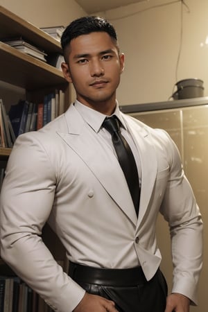 (((1man))),serious face of syahnk,1 handsome uncle,Short hair,With a short beard,shredded lean figure,large pecs,holding pecs,Enchanted smile,mature,in a basement,Crew cut,( In tight black leather suit), White tie,full body, 36 years old male,[plump],nijimale,photorealistic