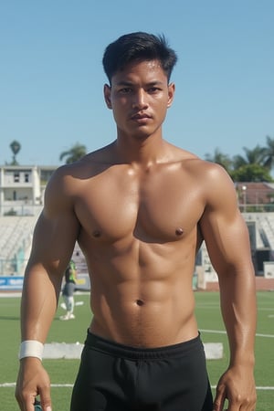 A Silverjow-inspired portrait of a chiseled bara shantorus Syahnk young man, showcasing his toned physique by wearing tights football jersey. The shot frames him from the waist up, . He stands confidently on the stadium, his short hair ruffled by the ocean breeze. His bright pupils seem to sparkle with a hint of mischief, as he flexes his impressive muscles. The raw, unfiltered lighting accentuates his tanned  skin, giving him a rugged, athletic appearance. The composition is simple yet effective, drawing the viewer's attention directly to the subject's physique.,Silverjow style,