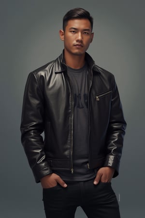 Silverjow style,Bara,Muscle ,Photogenic Russian Syahnk,looking at viewer, short hair, simple background, brown hair, shirt, black hair, jacket, male focus, multiple boys, dark skin, 2boys, lips, dark-skinned male, 3boys, realistic, hands in pockets, leather, leather jacket