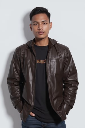 Silverjow style,Bara,Muscle ,Photogenic  Syahnk shantorus,looking at viewer, short hair, simple background, brown hair, shirt, black hair, jacket, male focus, multiple boys, dark skin, 2boys, lips, dark-skinned male, 3boys, realistic, hands in pockets, leather, leather jacket,