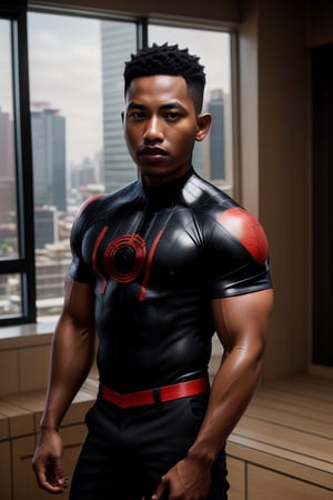 , masterpiece, high quality, highres, portrait photo of  syahnk,Miles_morales as muscular businesses man, tall male,  , handsome, matured, businesses suit, bulging muscle, fade Hairstyles ,