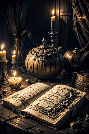 A book of magic, an open book of magic, rituals are drawn on the pages, inscriptions in an unknown language, an old book, yellowed pages, candles around the book, macro photography, very detailed, professional, 64k, lens, candlelight. (Book of Evil) 