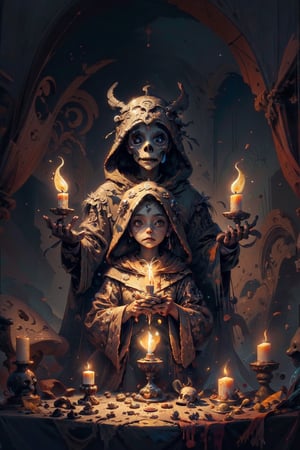 Assembly of Occultists,Hood, Masks, Priestesses, Different Sexes, Altar, Sacrifices, Other Scriptures, Skulls, Magic of the Ancients, 9th Circle, Horor, Blood, Candles, Otmospheric, Soft Light, 64k, 