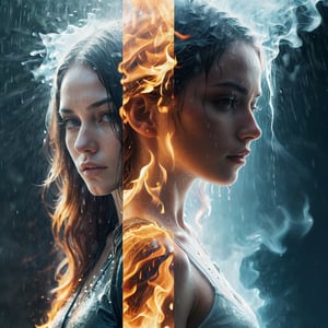 Split image of a Women, left half is burning with fire and the right half is Rain,more detail XL,fire element,ice