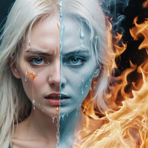 Split image of a Women, 
left half is burning with fire and the right half is ice, 
The left half of the face is extremely angry, and the right half of the face is crying and shedding tears.
Half blonde hair, half white hair,

more detail XL, 
fire element, 

ice, b3rli, 