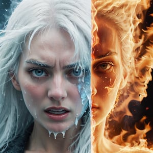Split image of a Women, 
left half is burning with raging fire and the right half is Frozen, 
The left half of the face is extremely angry, and the right half of the face is crying and shedding tears.
white hair,
seamless face, 

more detail XL, 
fire element, 

ice, fire, b3rli, ,composed of fire elements