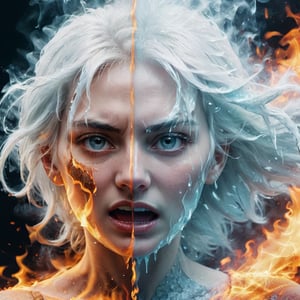 Split image of a Women, 
left half is burning with raging fire and the right half is Frozen, 
The left half of the face is extremely angry, and the right half of the face is crying and shedding tears.
white hair,

more detail XL, 
fire element, 

ice, fire, b3rli, ,composed of fire elements